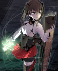 Rule 34 | 10s, 1girl, anchor, bike shorts, book, brown eyes, brown hair, ebiblue, flight deck, glowing, headgear, highres, kantai collection, light particles, light smile, long sleeves, looking to the side, magic, microskirt, open book, open mouth, parted lips, pleated skirt, reading, red skirt, shirt, short hair, skirt, solo, taihou (kancolle), thighhighs, twitter username, white shirt