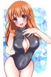 Rule 34 | 10s, 1girl, :d, arm behind back, bare shoulders, black one-piece swimsuit, blush, breasts, brown hair, cleavage, cleavage cutout, clothing cutout, covered navel, female focus, flying sweatdrops, front zipper swimsuit, halterneck, hand on own chest, kojiro d, koufuku graffiti, large breasts, leaning forward, long hair, looking at viewer, machiko ryou, meme attire, one-piece swimsuit, open mouth, orange hair, purple eyes, smile, solo, standing, swimsuit, thigh gap, turtleneck, unzipped, zipper