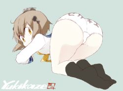 Rule 34 | 10s, 1girl, all fours, aqua background, ass, bad id, bad link, bad twitter id, black socks, brown hair, character name, clothes writing, dress, from behind, hair ornament, kantai collection, long sleeves, looking back, panties, sailor dress, shigino sohuzi, short hair, simple background, socks, solo, top-down bottom-up, underwear, underwear writing, white panties, yellow eyes, yukikaze (kancolle)