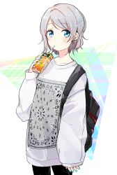 Rule 34 | 1girl, arm at side, backpack, bag, black pants, blue eyes, blue nails, collarbone, cowboy shot, drinking, drinking straw, earrings, grey hair, highres, holding, hoop earrings, jewelry, juice, juice box, long sleeves, looking at viewer, love live!, love live! sunshine!!, minute maid, mugi (8ig6), nail polish, orange juice, oversized clothes, oversized shirt, pants, print shirt, shirt, short hair, solo, watanabe you, white shirt