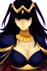 Rule 34 | 1girl, absurdres, black eyes, black hair, blunt bangs, bodystocking, breasts, cleavage, closed mouth, fire emblem, highres, large breasts, long hair, looking at viewer, nintendo, simple background, smgold, solo, tharja (fire emblem), upper body, white background