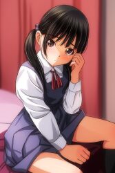 Rule 34 | 1girl, bed, black hair, black socks, blush, brown eyes, curtains, dress, grey dress, hair bobbles, hair ornament, long hair, long sleeves, looking at viewer, low twintails, matsunaga kouyou, neck ribbon, on bed, open mouth, red ribbon, ribbon, school uniform, shirt, sitting, sleeveless, sleeveless dress, socks, twintails, white shirt