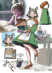 Rule 34 | 1girl, :d, animal ear fluff, animal ears, apron, black hair, black shirt, book, book stack, breasts, brown eyes, brown footwear, collarbone, commentary, dated, dress, green dress, highres, holding, holding book, long sleeves, medium breasts, multicolored hair, multiple views, no socks, open book, open mouth, original, puffy long sleeves, puffy sleeves, shirt, shoes, shrug (clothing), signature, sleeveless, sleeveless shirt, smile, standing, standing on one leg, streaked hair, tail, translation request, v-shaped eyebrows, white apron, white hair, yoshitatsu ousuke