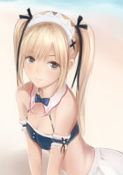 Rule 34 | 1girl, beach, bikini, blonde hair, blue eyes, bow, breasts, cleavage, dead or alive, dead or alive 5, hair bow, hair ornament, long hair, looking at viewer, maid headdress, marie rose, nannacy7, outdoors, sidelocks, small breasts, smile, solo, swimsuit, twintails, x hair ornament