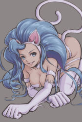 Rule 34 | 1girl, absurdres, ahoge, all fours, animal ears, animal hands, ass, bare shoulders, blue eyes, blue hair, breasts, cat ears, cat girl, cat tail, collarbone, commentary, fang, felicia (vampire), full body, fur, grey background, highres, lips, long hair, looking at viewer, medium breasts, parted lips, simple background, smile, solo, tail, thighs, tyanoki, vampire (game)