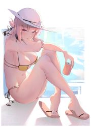 Rule 34 | 1girl, absurdres, artistic error, asla yu, bad anatomy, bad feet, bare shoulders, bikini, black choker, black ribbon, braid, braided ponytail, breasts, can, chaldea lifesavers, choker, cleavage, collarbone, commentary request, drink can, fate/grand order, fate (series), florence nightingale (chaldea lifesavers) (fate), florence nightingale (fate), folded ponytail, full body, hair ribbon, halterneck, hat, highres, holding, holding can, large breasts, long hair, looking at viewer, multi-strapped bikini, navel, parted lips, pink hair, red eyes, revision, ribbon, sandals, side-tie bikini bottom, sidelocks, signature, single braid, sitting, smile, soda can, solo, stomach, sun hat, sweat, swimsuit, toes, very long hair, white hat, wide hips, yellow bikini