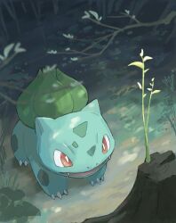 Rule 34 | branch, bulbasaur, creatures (company), fangs, game freak, gen 1 pokemon, highres, momota pix, nintendo, no humans, open mouth, outdoors, plant, pokemon, pokemon (creature), red eyes, solo, sprout, tree stump