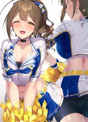 Rule 34 | 1girl, absurdres, ahoge, bike shorts, bike shorts under skirt, blush, braid, breasts squeezed together, breasts, brown hair, cheering, cheerleader, crop top, highres, holding, holding pom poms, idolmaster, idolmaster shiny colors, kuwayama chiyuki, large breasts, long braid, long hair, looking at viewer, midriff, multiple views, open mouth, pleated skirt, pom pom (cheerleading), pom poms, satou kuuki, shorts, shorts under skirt, skirt, smile, solo, solo focus, v arms, yellow eyes