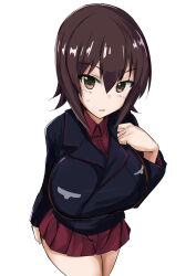Rule 34 | 1girl, breasts, brown eyes, brown hair, girls und panzer, highres, kuromorimine military uniform, large breasts, looking at viewer, military, military uniform, miniskirt, nishizumi maho, open mouth, red skirt, shino (ten-m), short hair, simple background, skirt, solo, uniform, white background