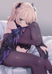 Rule 34 | 1girl, bare shoulders, bee (deadflow), black thighhighs, blonde hair, blush, bow, breasts, dress, eyepatch, fischl (genshin impact), garter straps, genshin impact, gloves, green eyes, hair over one eye, hair ribbon, highres, long hair, looking at viewer, ribbon, single thighhigh, small breasts, solo, thighhighs, two side up