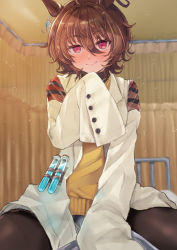 Rule 34 | 1girl, agnes tachyon (umamusume), ahoge, bed, black pantyhose, black shirt, blush, brown hair, coat, commentary request, curtains, hair between eyes, horei tsuna, horse girl, lab coat, looking at viewer, pantyhose, red eyes, shirt, short hair, sleeves past fingers, sleeves past wrists, smile, straddling, sweater, test tube, umamusume, white coat, yellow sweater