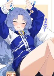 Rule 34 | 1girl, = =, animal ears, arms up, bean bag chair, black shorts, blue hair, blue jacket, blush, breasts, can, closed eyes, ear covers, feet out of frame, godolphin barb (umamusume), high collar, highres, horse ears, horse girl, horse tail, jacket, long hair, long sleeves, open mouth, rabbit pose, shorts, sitting, small breasts, solo, tail, thighs, totomono, translation request, umamusume