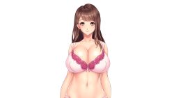 Rule 34 | 1girl, appetite, arms at sides, blush, bra, breasts, brown hair, cleavage, closed mouth, cowboy shot, earrings, female focus, game cg, huge breasts, jewelry, konoe yuki, long hair, looking at viewer, navel, original, panties, pink bra, smile, solo, standing, tachi-e, toumei oyaji no stealth ntr, transparent background, underwear, underwear only, yellow eyes