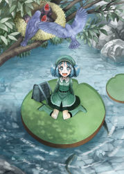 Rule 34 | 1girl, :d, backpack, bag, bird, blue hair, boots, fish, from above, green footwear, hat, in nest, kawashiro nitori, knee boots, lily pad, looking up, mitsuki32k, nest, open mouth, river, rubber boots, short hair, sitting, smile, solo, stickam, touhou, twintails, two side up, wariza