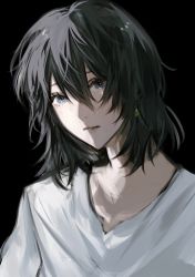 Rule 34 | 1girl, black background, black eyes, black hair, collarbone, commentary, copyright request, crying, crying with eyes open, english commentary, hair between eyes, highres, inuo (inuo x), looking at viewer, medium hair, parted lips, shirt, simple background, solo, tears, upper body, white shirt