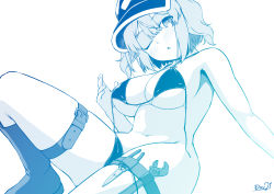 Rule 34 | 1girl, alternate costume, belt, bikini, blue theme, blush, boots, breasts, cleavage, commentary request, flat cap, foot out of frame, hair bobbles, hair ornament, hat, highres, holster, kagiyama shachou, kawashiro nitori, large breasts, looking at viewer, medium hair, monochrome, one eye closed, open mouth, pliers, sidelocks, simple background, solo, swimsuit, thigh belt, thigh holster, thigh strap, touhou, two side up, untied bikini, wrench