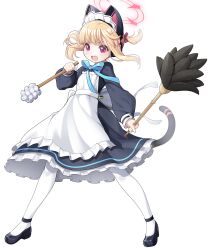 Rule 34 | 1girl, :d, animal ear headphones, animal ears, apron, black dress, black footwear, blonde hair, blue archive, commentary request, dress, fake animal ears, frilled apron, frilled dress, frills, full body, halo, headphones, highres, holding, koflif, long sleeves, looking at viewer, maid, maid apron, maid headdress, momoi (blue archive), momoi (maid) (blue archive), open mouth, pantyhose, puffy long sleeves, puffy sleeves, purple eyes, shoes, simple background, smile, solo, standing, tail, teeth, upper teeth only, white apron, white background, white pantyhose