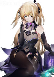 Rule 34 | 1girl, absurdres, bare shoulders, black pantyhose, black ribbon, black thighhighs, blonde hair, bow, bowtie, breasts, brooch, commentary request, fischl (genshin impact), genshin impact, green eyes, hair ribbon, highres, jewelry, long hair, looking at viewer, medium breasts, pantyhose, purple bow, purple bowtie, ribbon, simple background, sitting, solo, thighhighs, thighs, very long hair, white background, yushe quetzalli