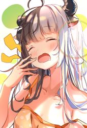 Rule 34 | 1girl, ahoge, animal ears, black hair, blush, breasts, c4 art, camisole, closed eyes, collarbone, commentary, cow ears, cow girl, cow horns, highres, horns, indie virtual youtuber, long hair, makino shiro, medium breasts, multicolored hair, open mouth, orange camisole, solo, split-color hair, strap slip, two-tone hair, upper body, virtual youtuber, waking up, white hair, yawning
