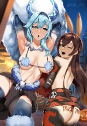 Rule 34 | 2girls, absurdres, amber (genshin impact), ass, bad id, bad twitter id, blue hair, body writing, breasts, brown hair, eula (genshin impact), genshin impact, halloween, highres, looking at viewer, multiple girls, no panties, smile, thighhighs, xkit