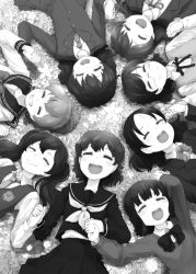 Rule 34 | 6+girls, blazer, bow, circle formation, closed eyes, glasses, greyscale, grin, holding hands, interlocked fingers, jacket, long hair, monochrome, multiple girls, nagian, necktie, open mouth, original, own hands together, ponytail, ribbon, school uniform, serafuku, short hair, skirt, smile, sweater, sweater vest, teeth, twintails