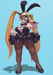 Rule 34 | 1girl, animal ears, bare arms, bare shoulders, black bow, black bowtie, black leotard, black skirt, blonde hair, blue eyes, bow, bowtie, breasts, cleavage, cup, detached collar, domino mask, dress, drinking glass, fake animal ears, frilled dress, frills, high heels, highres, holding, jonpei, large breasts, leotard, long hair, mask, official alternate costume, open mouth, pantyhose, playboy bunny, rabbit ears, rainbow mika, skirt, smile, solo, standing, strapless, strapless leotard, street fighter, street fighter v, swept bangs, teeth, traditional bowtie, tray, twintails, upper teeth only, very long hair, white background, wine glass, wrist cuffs
