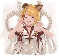 Rule 34 | 1girl, ;3, animal ear fluff, arms up, blonde hair, blunt ends, braid, breasts, brown eyes, claw pose, collarbone, commentary request, dog girl, fingernails, french braid, granblue fantasy, grey background, hair ribbon, highres, midriff, nail polish, one eye closed, pink lips, pink nails, red ribbon, ribbon, rizuki suwoto, rope, shimenawa, short hair, small breasts, solo, tabard, tassel, twitter username, upper body, vajra (granblue fantasy)