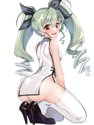 Rule 34 | 1girl, absurdres, anchovy (girls und panzer), ass, bare shoulders, black footwear, black ribbon, blaze (blazeillust), blush, breasts, china dress, chinese clothes, commentary request, dress, drill hair, girls und panzer, green hair, hair between eyes, hair ribbon, heel pop, high heels, highres, kneeling, looking back, medium breasts, nervous smile, open mouth, red eyes, ribbon, side slit, simple background, sleeveless, sleeveless dress, smile, solo, thighhighs, turning head, twin drills, white background, white dress, white thighhighs