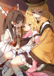 Rule 34 | 3girls, apron, bare shoulders, blonde hair, blouse, blush, bow, breasts, brown hair, clothes lift, commentary, detached sleeves, hair bow, hair tubes, hakurei reimu, hidden star in four seasons, holding hands, japanese clothes, kimono, kirisame marisa, large bow, lifting another&#039;s clothes, looking at viewer, matara okina, medium breasts, multiple girls, no headwear, pink scarf, piyokichi, red eyes, scarf, shaded face, shirt, shirt lift, sideboob, skirt, skirt set, slit pupils, straight hair, touhou, vest, waist apron, wavy hair, yellow eyes, yuri