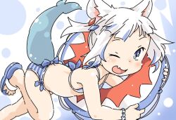 Rule 34 | 1girl, ;d, animal ears, bare shoulders, bikini, blue footwear, blue hair, blue tail, blush, cat ears, clothing cutout, fang, fins, fish tail, flat chest, flip-flops, gawr gura, hair ornament, ham (points), hololive, hololive english, innertube, kemonomimi mode, leg up, looking at viewer, multicolored hair, nose blush, one eye closed, open mouth, sandals, scrunchie, shark girl, shark tail, short hair, smile, solo, streaked hair, striped bikini, striped clothes, swim ring, swimsuit, tail, tail through clothes, two-tone footwear, virtual youtuber, white footwear, white hair, wrist scrunchie