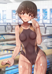 Rule 34 | 1girl, blush, breasts, brown eyes, brown hair, competition swimsuit, covered navel, girls und panzer, highres, indoors, looking at viewer, megadeko, nakajima (girls und panzer), one-piece swimsuit, open mouth, pool, short hair, small breasts, smile, solo, swimsuit