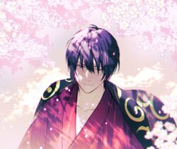 Rule 34 | 1boy, black hair, cherry blossoms, closed mouth, cma cmakuma, collarbone, falling petals, flower, gintama, grey eyes, hair between eyes, japanese clothes, light smile, looking at viewer, male focus, one eye closed, petals, pink flower, short hair, solo, takasugi shinsuke, upper body