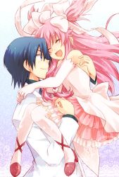 Rule 34 | 10s, 1boy, 1girl, :d, ^ ^, angel beats!, blue eyes, blue hair, carrying, couple, dress, elbow gloves, closed eyes, formal, gloves, happy, hetero, highres, hinata hideki, kousetsu, long hair, open mouth, pink hair, princess carry, ribbon, short hair, smile, suit, two side up, yui (angel beats!)