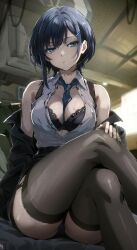 1girl bird/binary blue_eyes blue_hair blue_necktie breasts ciel_(bird/binary) collared_shirt garter_straps hair_ornament hairclip highres las91214 lingerie necktie shirt sitting sleeveless solo thick_thighs thighhighs thighs unbuttoned underwear white_shirt