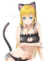 Rule 34 | 1girl, alice (shinigami bocchan to kuro maid), alice lendrott, animal ears, bare arms, bare legs, bare shoulders, blonde hair, bra, cat ears, cat tail, collarbone, earrings, eyebrows hidden by hair, fake animal ears, fake tail, green eyes, hairband, highres, jewelry, long hair, looking at viewer, mitsugu, nail polish, necklace, shinigami bocchan to kuro maid, simple background, smile, solo, tail, underwear, white background