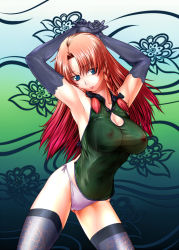 Rule 34 | 1girl, armpits, arms up, bad id, bad pixiv id, blue eyes, braid, breasts, captain freedom, cleavage cutout, clothing cutout, elbow gloves, embodiment of scarlet devil, female focus, gloves, hong meiling, large breasts, long hair, nipples, panties, red hair, see-through, side-tie panties, solo, thighhighs, touhou, twin braids, underwear