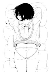Rule 34 | 1girl, ass, black hair, closed mouth, from behind, highres, izumida fuyuki, long hair, long sleeves, looking at viewer, lying, monochrome, on stomach, original, panties, pillow, shoulder blades, simple background, underwear, white background