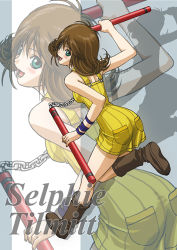 Rule 34 | 1girl, artist request, blue eyes, boots, breasts, brown hair, final fantasy, final fantasy viii, flipped hair, green eyes, lowres, nunchaku, open mouth, selphie tilmitt, short hair, skirt, smile, solo, weapon, yellow skirt