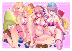 Rule 34 | 3girls, barefoot, bikini, blonde hair, blue eyes, blueberry, blush, braid, breasts, cameltoe, character request, cherry, chocolate, cleavage, copyright request, covered erect nipples, feet, food, fruit, green hair, headphones, highleg, highleg bikini, highres, honzawa yuuichirou, kiwi (fruit), large breasts, long hair, looking at viewer, mango, melon, multiple girls, navel, nitroplus, open mouth, parted lips, pink background, pink bikini, pink eyes, pink hair, single braid, sitting, skindentation, smile, spread legs, strawberry, striped bikini, striped clothes, super sonico, swimsuit, thighhighs, twin braids, two side up, valentine
