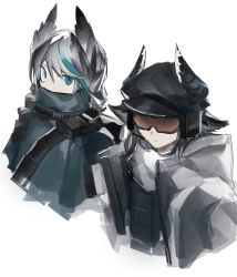 Rule 34 | 2girls, arknights, bandolier, black hair, blue eyes, cape, cow horns, feather hair, goggles, grey hair, hat, high collar, highres, horns, iwis, long jacket, multiple girls, pith (arknights), pointy ears, touch (arknights), white background