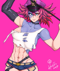 Rule 34 | 1girl, 2019, abs, alternate costume, belt, belt buckle, black choker, black gloves, blue eyes, breasts, buckle, choker, cleavage, collarbone, colored skin, commentary request, crop top, cutoffs, denim, denim shorts, elbow gloves, final fight, gloves, grey skin, halloween, highres, holding, holding whip, hori shin, large breasts, lips, looking at viewer, micro shorts, midriff, multicolored skin, navel, no bra, patchwork skin, pink background, pink hair, pink headwear, poison (final fight), short hair, shorts, sideboob, signature, single elbow glove, single strap, solo, spiked hair, street fighter, street fighter v, thigh strap, torn clothes, two-tone skin, zombie