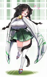 Rule 34 | 1girl, absurdres, animal ears, azur lane, bell, black hair, blush, braid, breasts, cat ears, cat girl, cat tail, commentary request, detached sleeves, full body, green hakama, hakama, hakama skirt, heart, hey taisyou, highres, japanese clothes, jingle bell, large breasts, long hair, looking at viewer, neck bell, ooshio (azur lane), open mouth, red eyes, ribbon-trimmed legwear, ribbon trim, simple background, skirt, solo, tail, tail around own leg, thighhighs, twin braids, wide sleeves