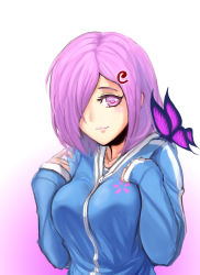 Rule 34 | 1girl, adapted costume, bad id, bad pixiv id, breasts, bug, butterfly, casual, female focus, gradient background, highres, hood, hoodie, insect, koissa, large breasts, lips, no headwear, one eye covered, pink hair, saigyouji yuyuko, short hair, smile, solo, touhou