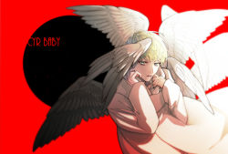 Rule 34 | 1boy, asuka ryou, blonde hair, blue eyes, coat, commentary, copyright name, devilman, devilman crybaby, english commentary, highres, long sleeves, looking at viewer, male focus, manogiichi, multiple wings, parted lips, red background, sleeves past wrists, solo, typo, upper body, white coat, wings
