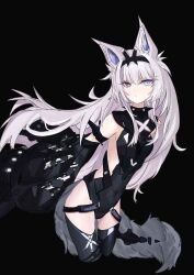 Rule 34 | 1girl, absurdres, animal ears, backless outfit, black background, black bodysuit, black thighhighs, bodysuit, closed mouth, detached sleeves, fake animal ears, fake tail, flat chest, grey eyes, grey hair, hair between eyes, heterochromia, highres, long hair, messy hair, no.21 (punishing: gray raven), no breasts, punishing: gray raven, purple eyes, sidelocks, sleeves past fingers, sleeves past wrists, tail, thighhighs, vvhu7357, wolf ears, wolf tail