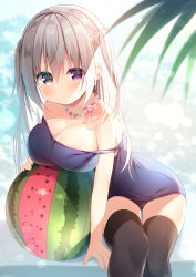 Rule 34 | 1girl, areola slip, ball, bare arms, bare shoulders, beachball, black thighhighs, blue eyes, blue one-piece swimsuit, breasts, cleavage, closed mouth, collarbone, commentary, grey hair, hair between eyes, hanamiya natsuka, heterochromia, jewelry, large breasts, long hair, necklace, old school swimsuit, one-piece swimsuit, original, pearl necklace, purple eyes, school swimsuit, sitting, solo, star (symbol), swimsuit, symbol-only commentary, thighhighs, two side up, very long hair