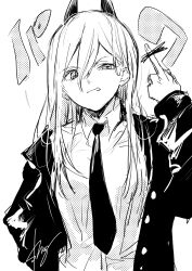 Rule 34 | 1girl, absurdres, censored, censored gesture, chainsaw man, collared shirt, cross-shaped pupils, greyscale, hair between eyes, highres, horns, jacket, long hair, middle finger, monochrome, necktie, power (chainsaw man), shimogu, shirt, sketch, solo, symbol-shaped pupils, tongue, tongue out, upper body