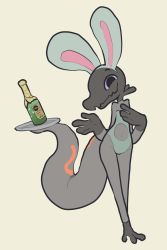 Rule 34 | 1girl, alcohol, animal ears, bare shoulders, black eyes, bottle, champagne, colored sclera, creatures (company), drink, fake animal ears, feet, female focus, flat chest, full body, game freak, gen 7 pokemon, green leotard, hands up, highres, itsunknownanon, leotard, lizard tail, looking at viewer, navel, nintendo, no humans, plate, playboy bunny, pokemon, pokemon (creature), pokemon sm, purple sclera, rabbit ears, reptile girl, salandit, simple background, smile, solo, standing, strapless, tail
