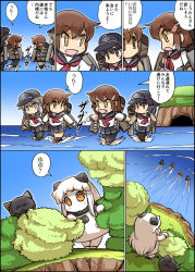 Rule 34 | 10s, 5girls, abyssal ship, akatsuki (kancolle), anchor print, black hair, brown eyes, brown hair, bush, cave, comic, dress, enemy aircraft (kancolle), fang, folded ponytail, grey eyes, hair ornament, hairclip, hat, hibiki (kancolle), hisahiko, horns, ikazuchi (kancolle), inazuma (kancolle), kantai collection, long hair, machinery, mittens, multiple girls, neckerchief, northern ocean princess, open mouth, orange eyes, outstretched arms, pleated skirt, rigging, school uniform, serafuku, shirt, skirt, smile, spread arms, thighhighs, torpedo, translation request, very long hair, white dress, white hair, yellow eyes