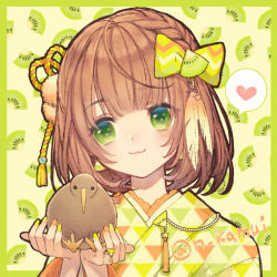 Rule 34 | 1girl, :3, animal, bird, bob cut, border, bow, braid, brown hair, commentary, crown braid, earrings, feather hair ornament, feathers, food, fruit, green background, green border, green eyes, green nails, hair bow, hair ornament, heart, holding, holding animal, holding bird, japanese clothes, jewelry, kamui natsuki, kimono, kiwi (bird), kiwi (fruit), looking at another, multicolored nails, nail polish, orange nails, original, print kimono, ring, short hair, smile, solo, speech bubble, spoken heart, symbol-only commentary, twitter username